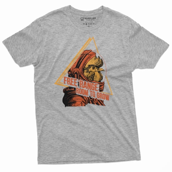 Space Chicken astronaut T-shirt Free Range room to grow Funny Shirt (Medium Grey)