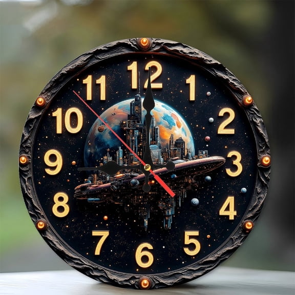 Space City Futuristic Clock Wall Decor 10-Inch Silent Wooden Wall Clock, Battery Operated (AA Batteries Not Included), Artistic Home Decor