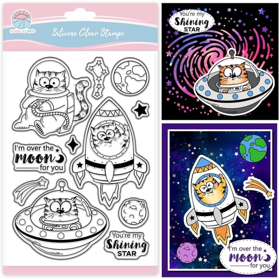 Space Comic Cat Clear Stamp for Scrapbooking Cartoon Cat Silicone Stamps Planet Meteor Transparent Stamp for Card Making DIY Embossing Journaling DIY Making