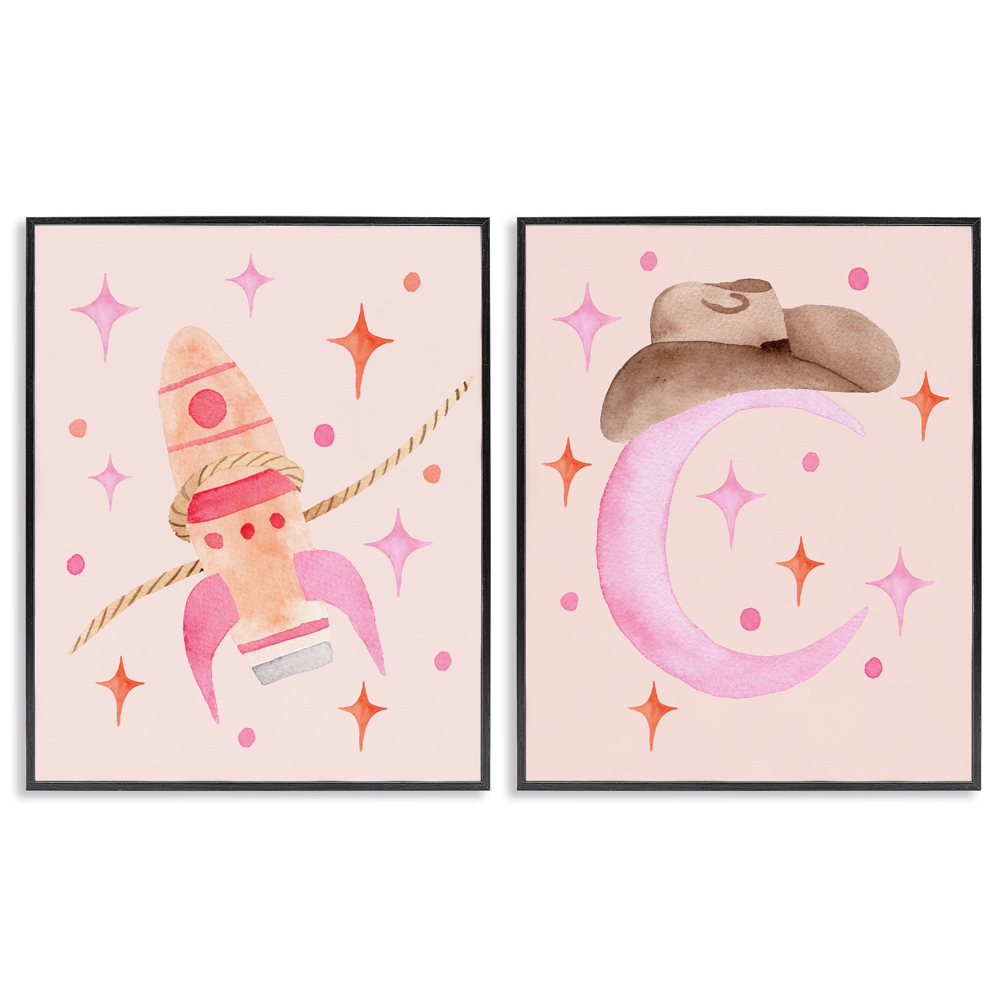 Space Cowgirl Rocket Ship 2 Piece Black Framed Giclee Art Set, design by Nina Jacobs