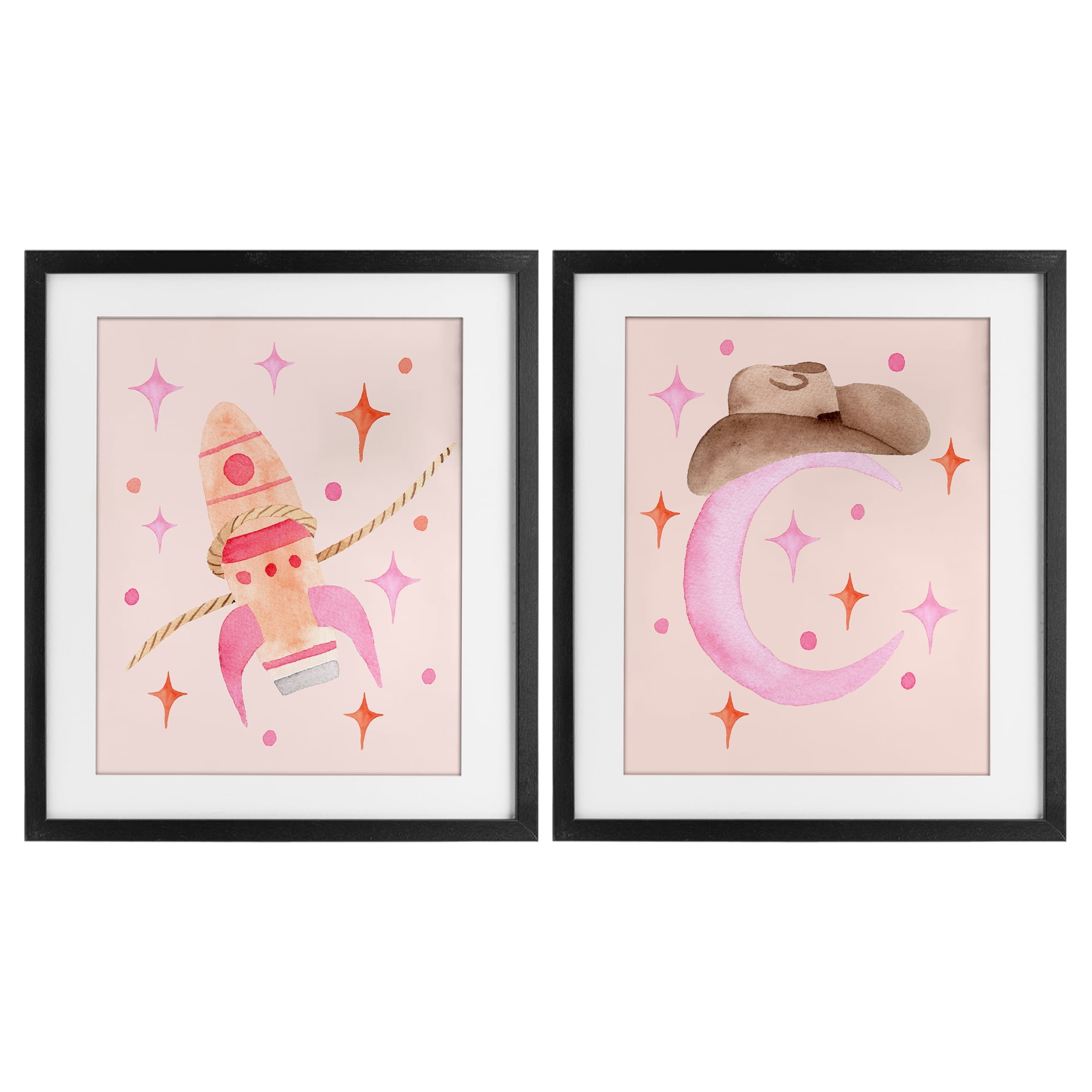 Space Cowgirl Rocket Ship 2 Piece Black Framed Print Under Glass Set, design by Nina Jacobs