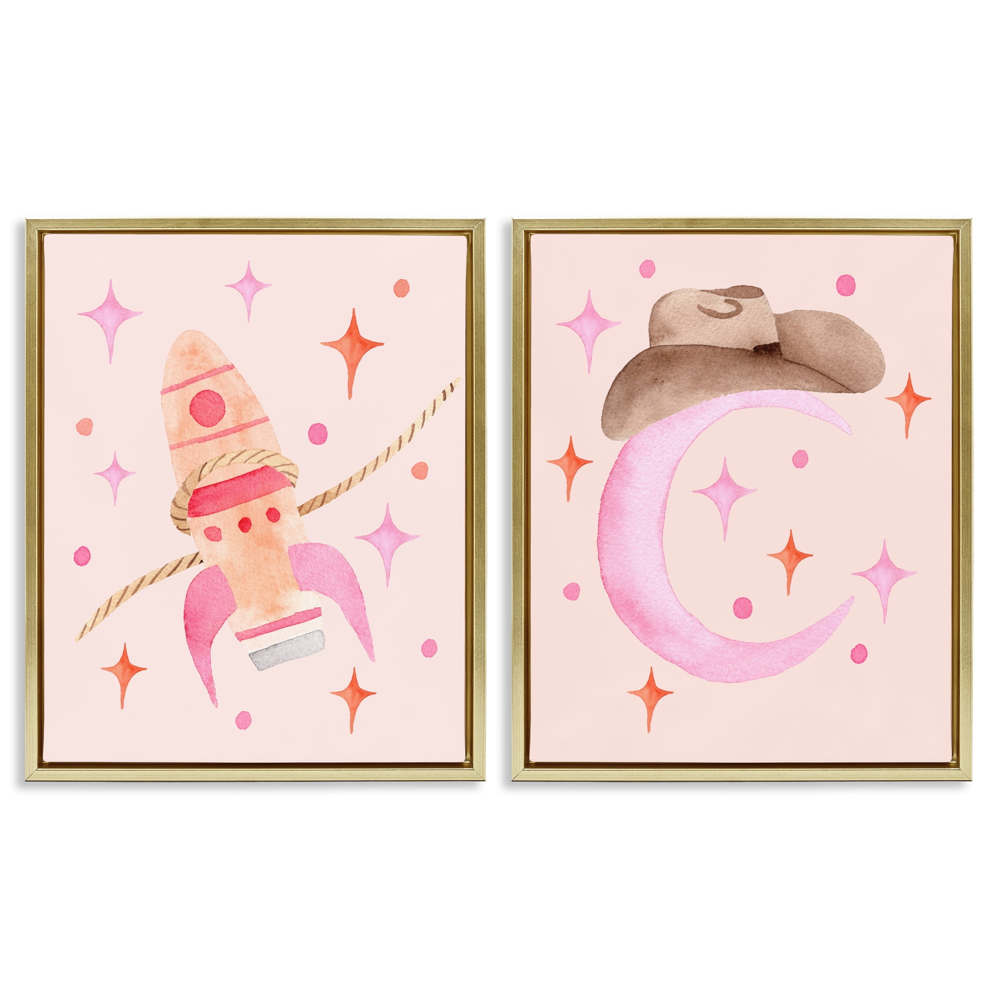 Space Cowgirl Rocket Ship 2 Piece Gold Framed Floater Canvas Set, design by Nina Jacobs