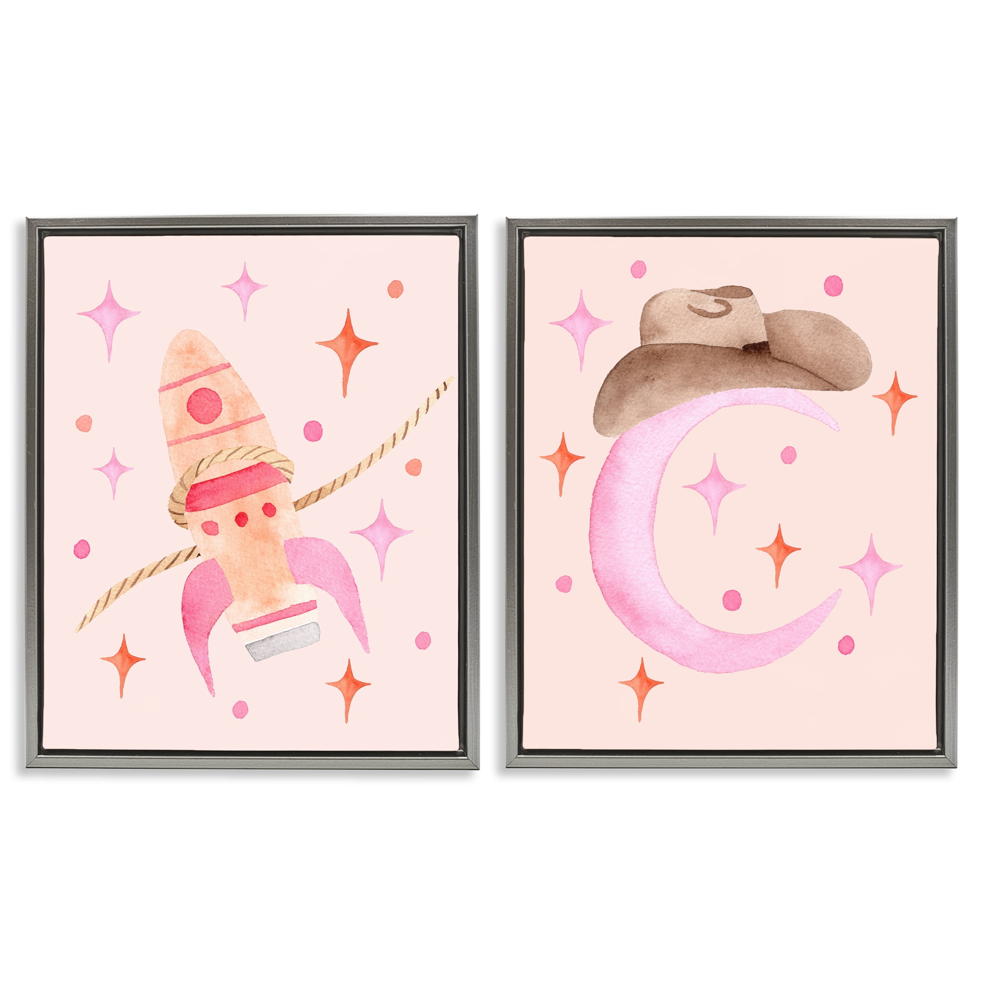 Space Cowgirl Rocket Ship 2 Piece Gray Framed Floater Canvas Set, design by Nina Jacobs