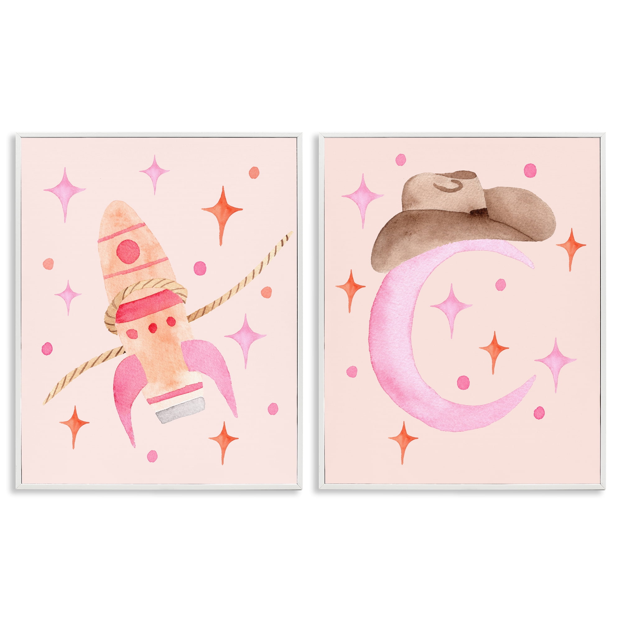Space Cowgirl Rocket Ship 2 Piece White Framed Giclee Art Set, design by Nina Jacobs