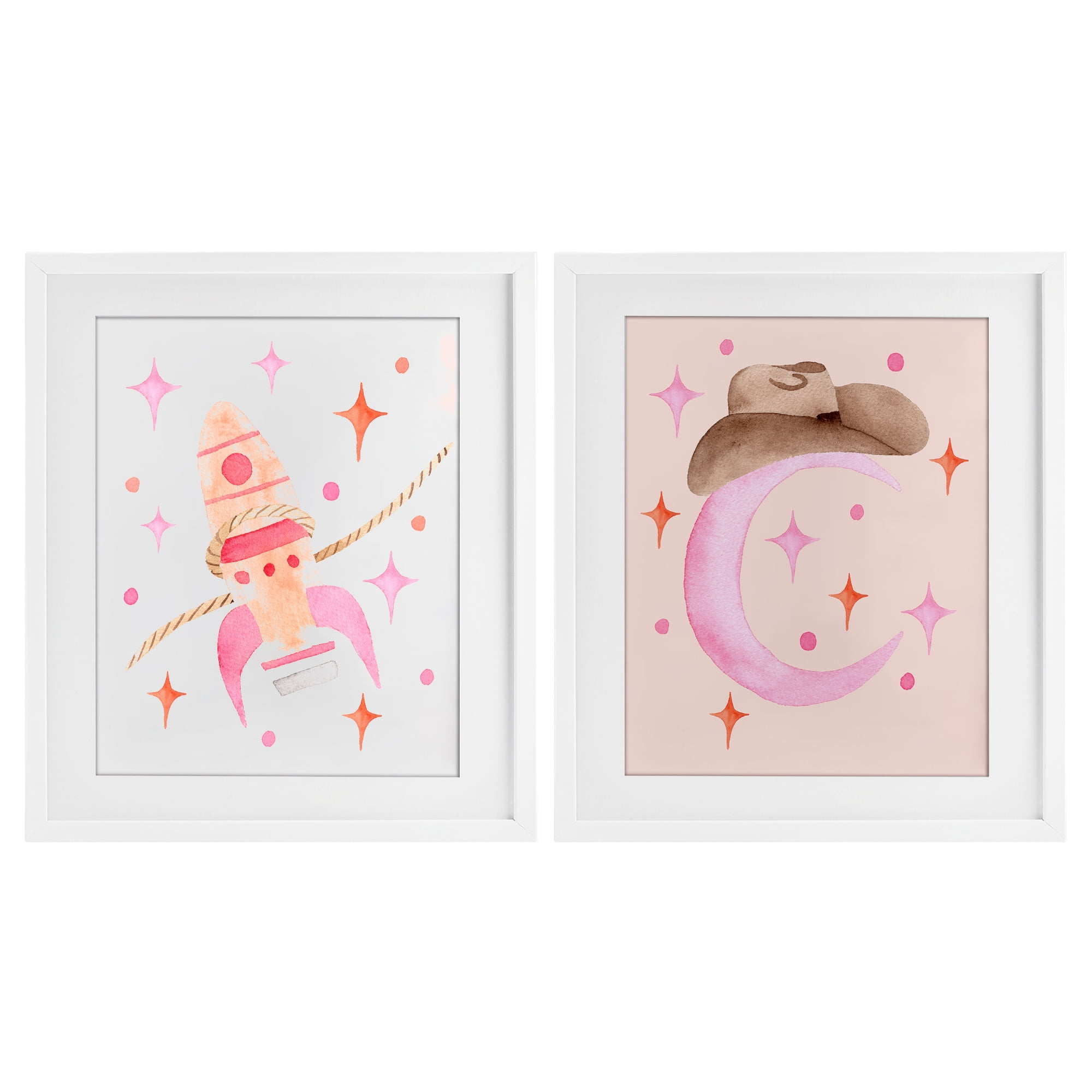 Space Cowgirl Rocket Ship 2 Piece White Framed Print Under Glass Set, design by Nina Jacobs