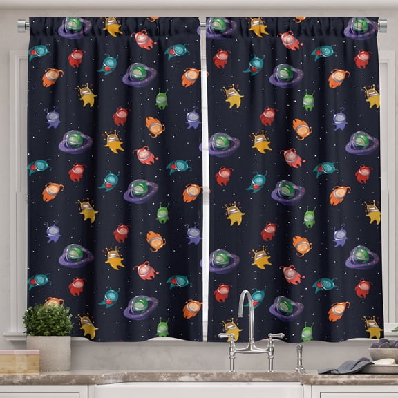 Space Curtains 2 Panels Set, Aliens with Various Expressions Happy Sad in Love in Spacecraft Dotted Background, Window Drapes for Living Room Bedroom, 55W X 39L Inches, Multicolor, by Ambesonne