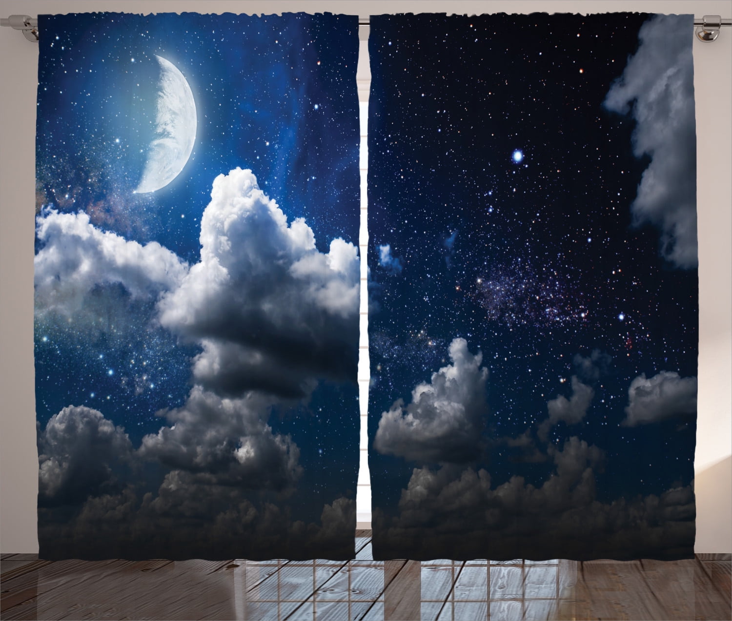 Moonlit Night Sky Blue Polyester Rod Pocket Curtain Panels