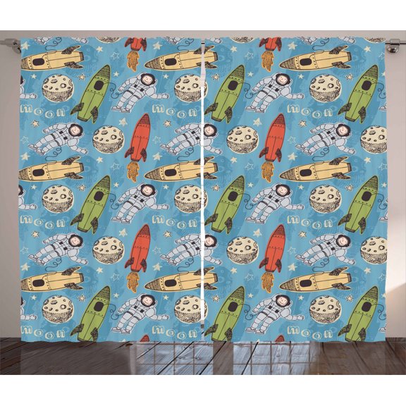 Ambesonne Space Curtains 2 Panel Set, Astronauts with Rockets, 108" x 90", Multicolor