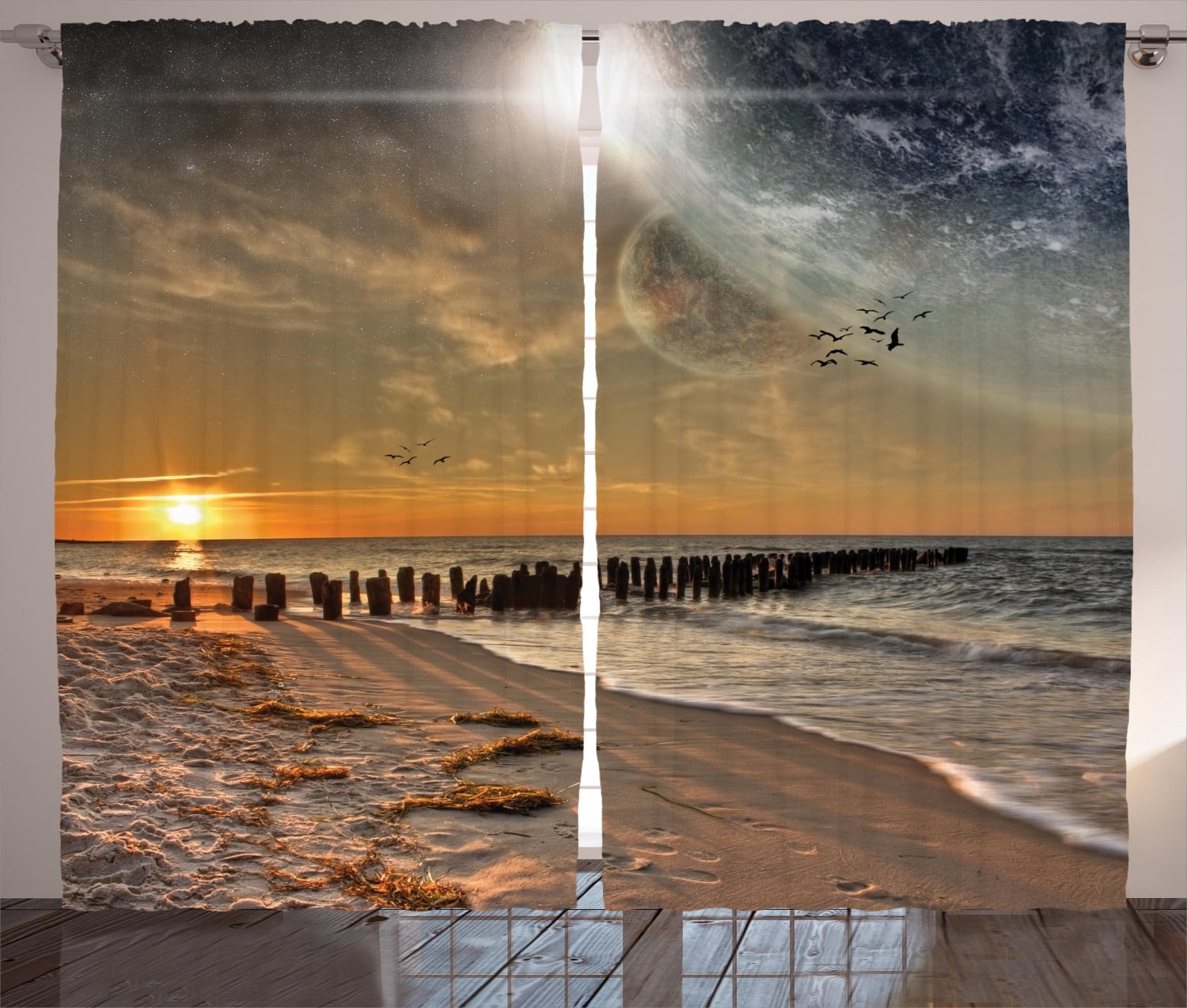 Cream and Orange Polyester Solar Eclipse Curtain Panel Pair