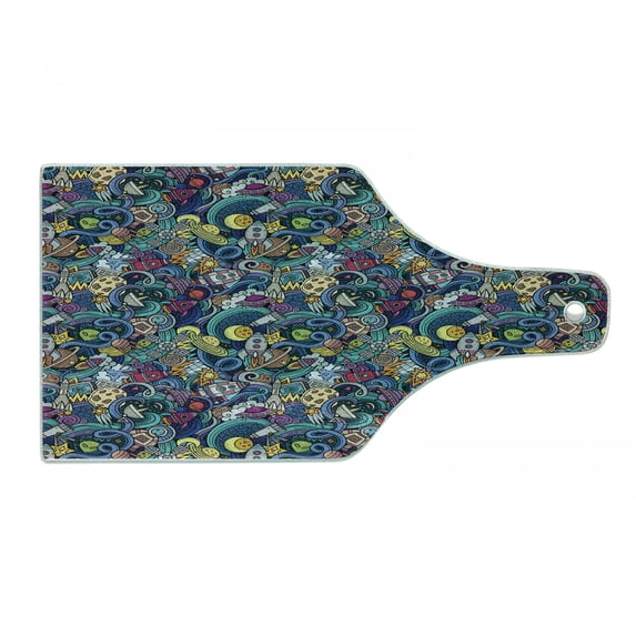 Space Cutting Board, Abstract Cartoon Science Fiction Themed Image with Swirl Waves Asteroids Telescope, Tempered Glass Cutting and Serving Board, Wine Bottle Shape, Multicolor, by Ambesonne