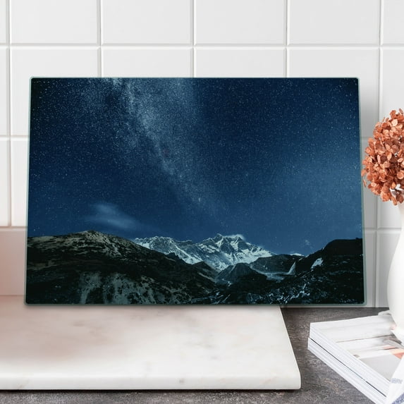 Space Cutting Board, Himalaya Mountain Tops at Starry Night Time with Stars Earth Cosmos in Northern Lands, Decorative Tempered Glass Cutting and Serving Board, Large Size, Blue Grey, by Ambesonne
