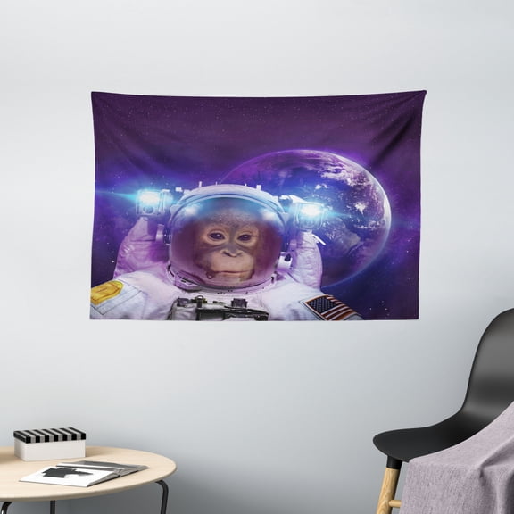Space Decor Tapestry, Astronaut Monkey on Outer Space with Planet Earth Background Humor Image, Wall Hanging for Bedroom Living Room Dorm Decor, 60W X 40L Inches, Violet White, by Ambesonne