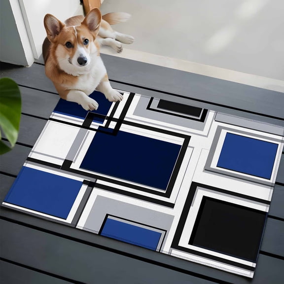 Space Design Sense 2x3 Area Rugs for Living Room, Black Blue Suqare Stitching Non Slip Floor Mat Washable Low-Profile Indoor Carpet for Bedroom, Dining Room, Bathroom