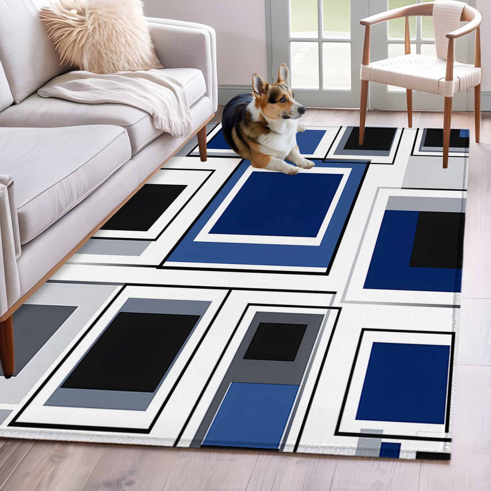 Floorsense Area Rug Space Design Sense 4x6 Area Rugs for Living Room, Grey Blue Line Suqare ...