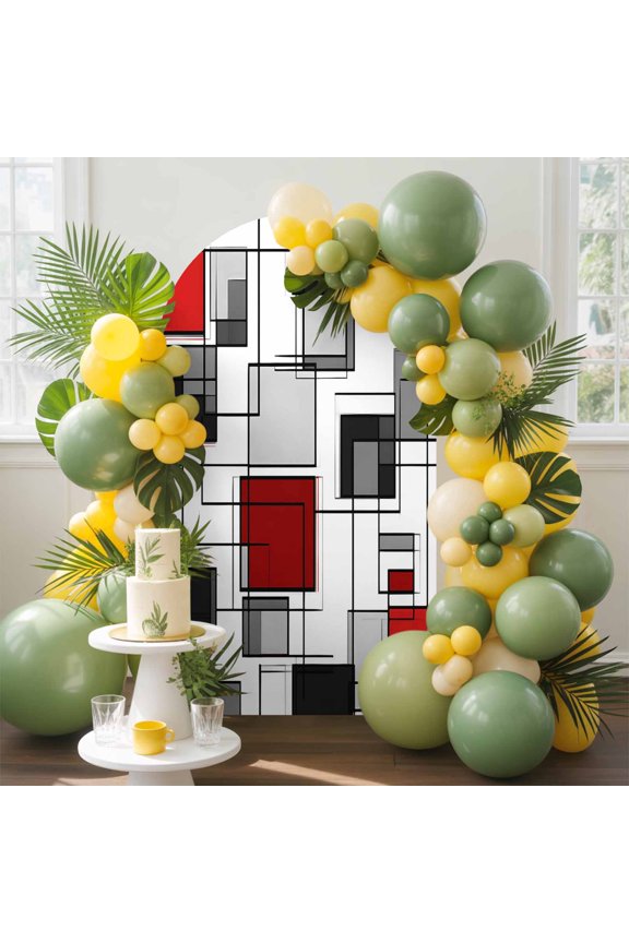 Space Design Sense Arch Backdrop Cover, 5FT, Abstract Black Line Red Suqare Stitching Spandex Arch Covers Double-Sided Backdrop for Wedding Birthday Party Photo Background Decoration