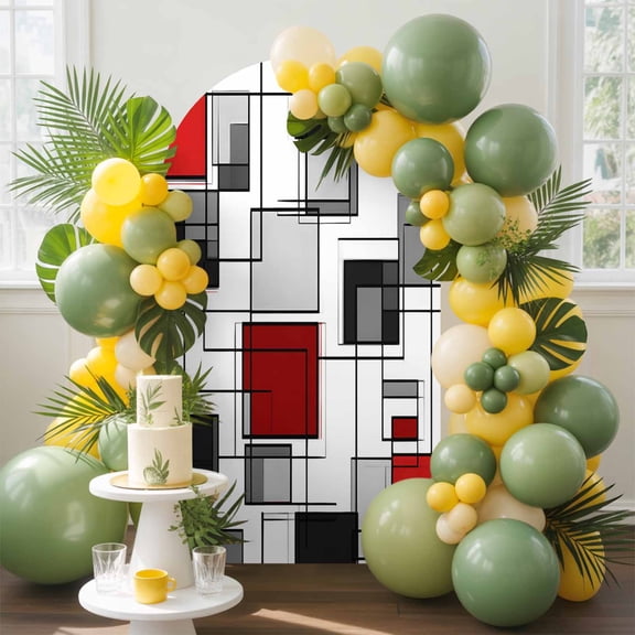 Space Design Sense Arch Backdrop Cover, 6.6FT, Abstract Black Line Red Suqare Stitching Spandex Arch Covers Double-Sided Backdrop for Wedding Birthday Party Photo Background Decoration