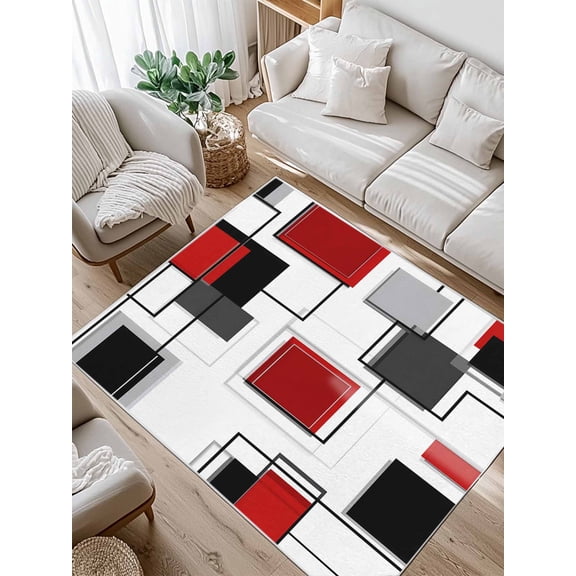 Space Design Sense Area Rug for Bedroom 2.7x5 Ft Abstract Black Red Stitching Suqare Super Soft fuzzy Throw Rug Non-Slip Fluffy Plush Indoor Floor Carpet for Living Room Nursery Home Decor