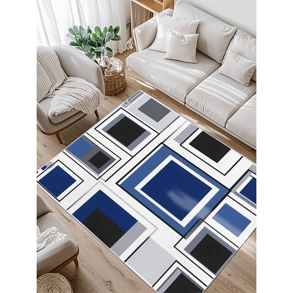 Space Design Sense Area Rug for Bedroom 2.7x5 Ft Grey Blue Line Suqare Abstract Stitching Super Soft fuzzy Throw Rug Non-Slip Fluffy Plush Indoor Floor Carpet for Living Room Nursery Home Decor