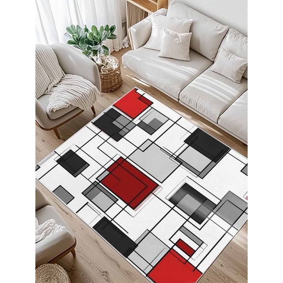 Space Design Sense Area Rug for Bedroom 3x5 Ft Abstract Black Line Red Suqare Stitching Super Soft fuzzy Throw Rug Non-Slip Fluffy Plush Indoor Floor Carpet for Living Room Nursery Home Decor