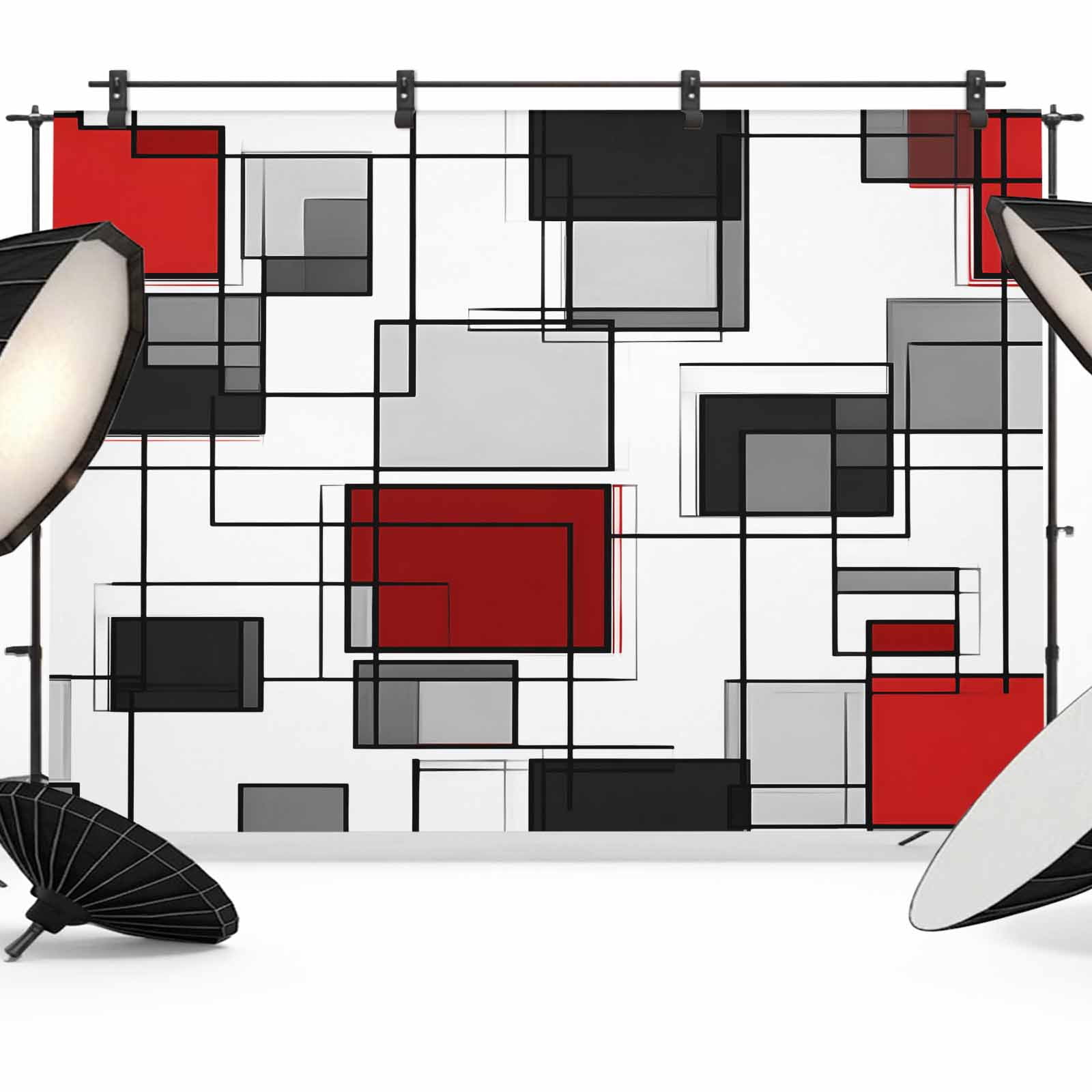 Space Design Sense Backdrop for Photography, Abstract Black Line Red Suqare Stitching Photo Backdrop Portrait Background Party Banner Photo Backgrounds for Studio Booth Props, 7x5ft