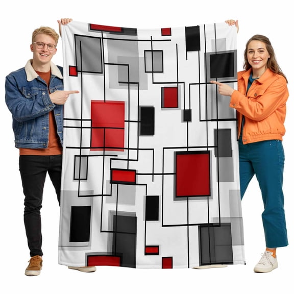 Space Design Sense Flannel Blanket for Bed,Travel and Camping, Grey Red Line Suqare Abstract Stitching Super Soft Cozy Blanket for All Seasons 30"x40"