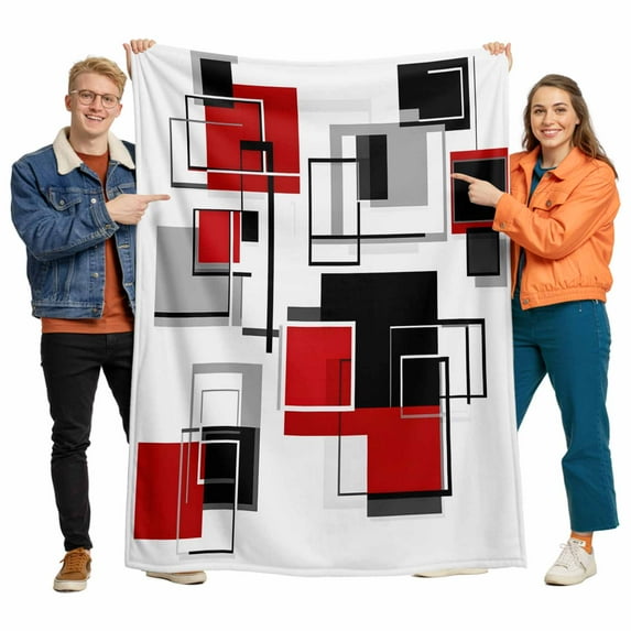 Space Design Sense Flannel Blanket for Bed,Travel and Camping, Abstract Black Red Suqare Stitching Super Soft Cozy Blanket for All Seasons 30"x40"