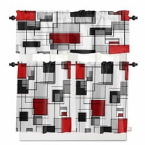 Space Design Sense Kitchen Curtains and Valances Set, Abstract Black Line Red Suqare Stitching Rod Pocket Window Valance Window Curtain Panels for Living Room Bedroom Laundry, 27.5x36in, 3 Pieces