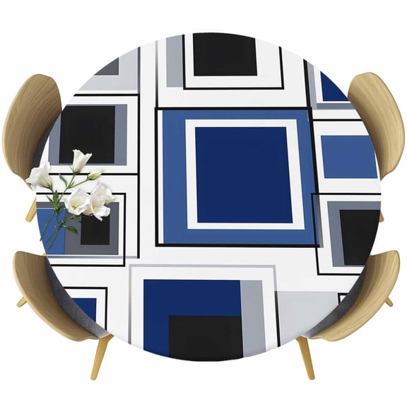 Space Design Sense Round Fitted Table Cover Grey Blue Line Suqare Abstract Stitching Waterproof Table Cloth with Elastic Edge Wipeable Tablecloth for Picnic Camping Party Fits 36"-44" Diameter