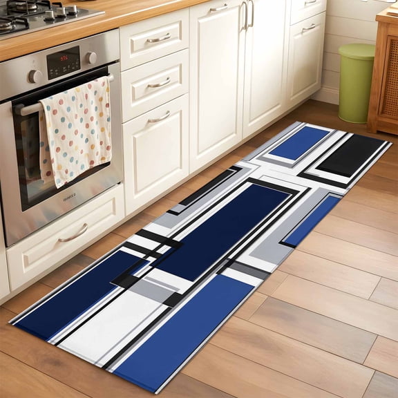 Space Design Sense Runner Rug for Hallway 2x6ft, Black Blue Suqare Stitching Non Slip Floor Mat Washable Low-Profile Indoor Carpet for Living Room, Bedroom, Dining Room