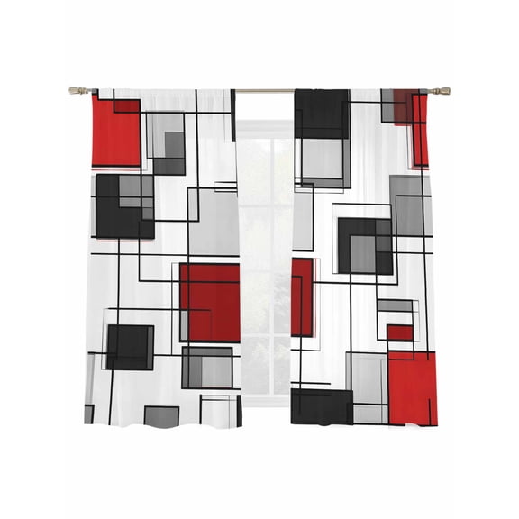 Space Design Sense Sheer Curtains 72 inches Long 2 Panels Set Abstract Black Line Red Suqare Stitching Tiers Sheers Rod Pocket Small Window Short Curtains for Kitchen Cafe, Each 52" W x 72" L