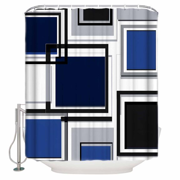 Space Design Sense Shower Curtain, 36" x 72", Black Blue Suqare Stitching Waterproof Bathroom Curtain Washable Shower Curtain Set with 12 Hooks