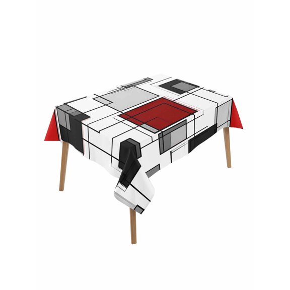 Space Design Sense Table Cloth 60x102 Inch Rectangle, Abstract Black Line Red Suqare Stitching Waterproof Tablecloth Washable Table Cover for Party Picnic Dinner Decor
