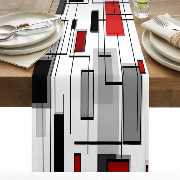 Space Design Sense Table Runner 13x36 inch Grey Red Line Suqare Abstract Stitching Cotton Linen Dining Table Runner Ideal for Dresser Kitchen Coffee Tables - Machine Washable
