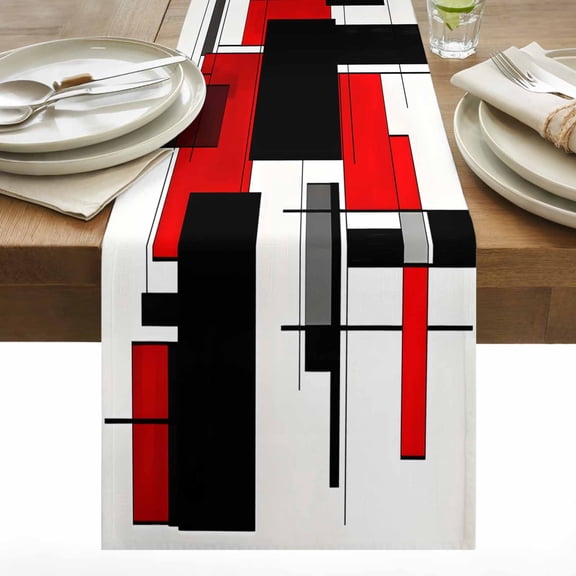 Space Design Sense Table Runner 13x36 inch Red Black Line Stitching Suqare Cotton Linen Dining Table Runner Ideal for Dresser Kitchen Coffee Tables - Machine Washable