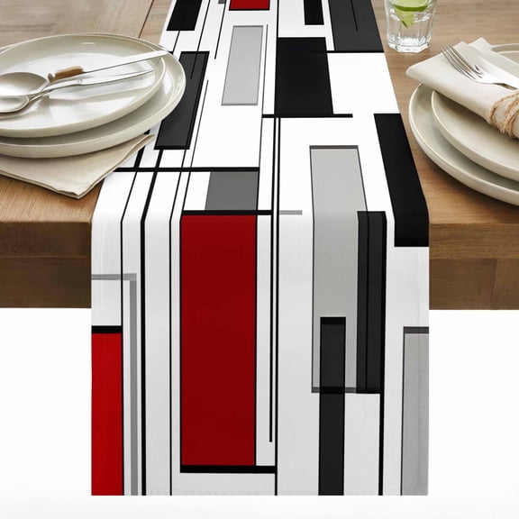 Space Design Sense Table Runner 13x48 inch Abstract Grey Line Red Suqare Stitching Cotton Linen Dining Table Runner Ideal for Dresser Kitchen Coffee Tables - Machine Washable