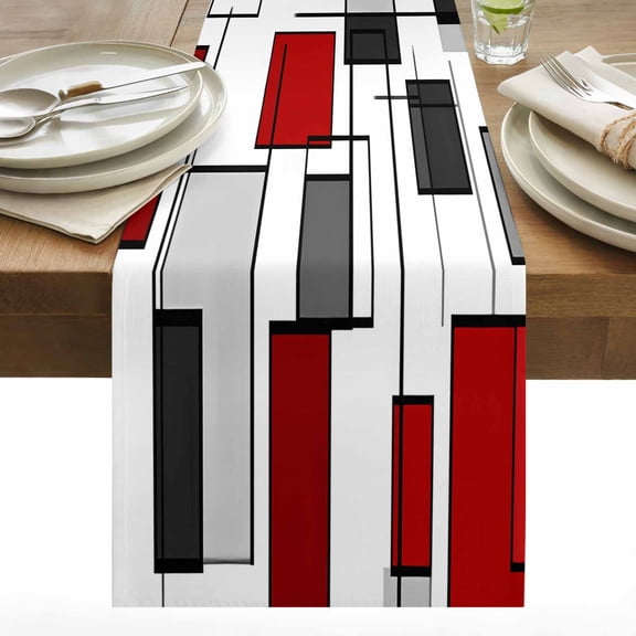 Space Design Sense Table Runner 13x48 inch Black Red Line Suqare Abstract Stitching Cotton Linen Dining Table Runner Ideal for Dresser Kitchen Coffee Tables - Machine Washable