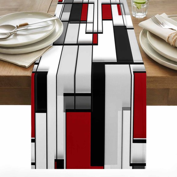 Space Design Sense Table Runner 13x60 inch Black Line Red Suqare Abstract Stitching Cotton Linen Dining Table Runner Ideal for Dresser Kitchen Coffee Tables - Machine Washable