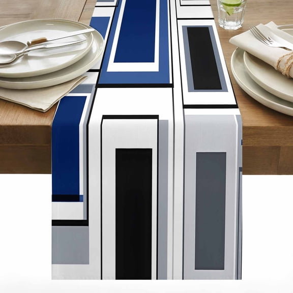 Space Design Sense Table Runner 13x60 inch Grey Blue Line Suqare Abstract Stitching Cotton Linen Dining Table Runner Ideal for Dresser Kitchen Coffee Tables - Machine Washable