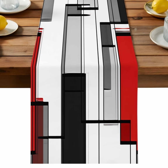 Space Design Sense Table Runner, Abstract Black Line Red Suqare Stitching Cotton Linen Table Cloth, Tablerunner for Kitchen Dining Party Wedding Home Decor 13x36 Inch