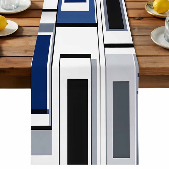 Space Design Sense Table Runner, Grey Blue Line Suqare Abstract Stitching Cotton Linen Table Cloth, Tablerunner for Kitchen Dining Party Wedding Home Decor 13x36 Inch