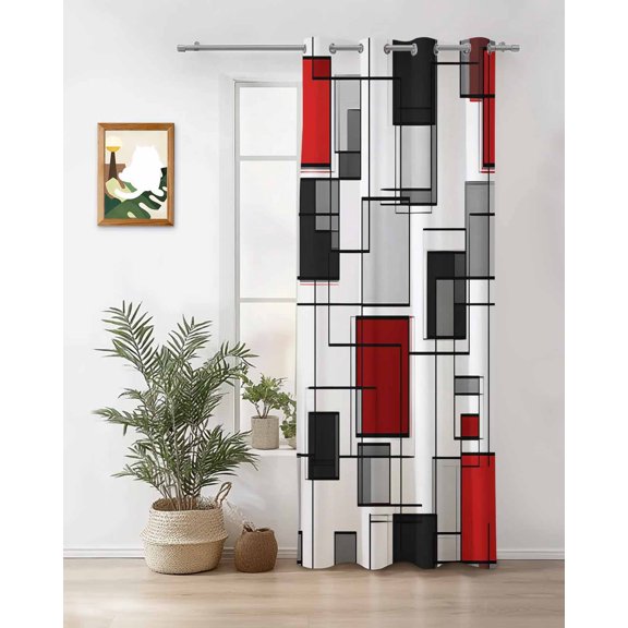 Space Design Sense Thermal Insulated Blackout Curtains for Bedroom 24 Length Abstract Black Line Red Suqare Stitching Room Darkening Curtain 1 Panel Grommet Window Curtain Drape for Living Room