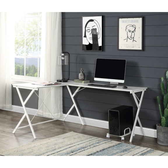 Space Desk In White With L-shape And Metal Foundation For Home Computer Functional Tabletop Base