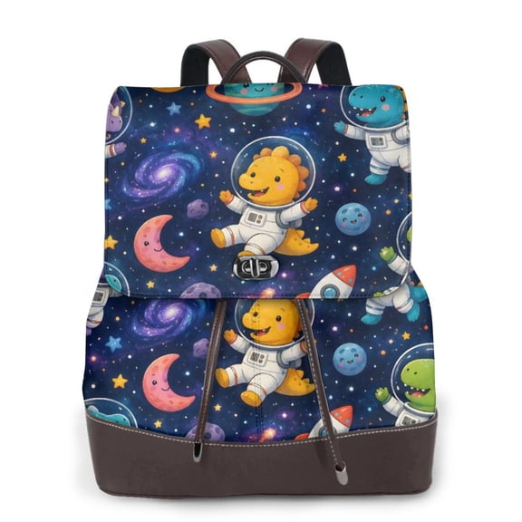Space Dinosaur Women's Leather Backpack All-Over Print Bag for Work and Travel