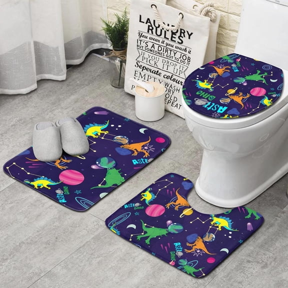 Space Dinosaurs Astr Dino Pattern Bathroom Rugs Sets 3 Piece,Toilet Cover Set,Absorbent Non Slip Bathroom Mats Sets with U-Shaped Contour Rug Toilet Rug Set