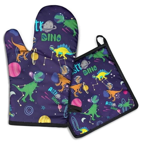 Space Dinosaurs Astr Dino Pattern Kitchen Oven Mitt and Pot Holder Sets 2 Pcs for Baking, Cooking and Grilling, Heat Resistant Up To 392 °F