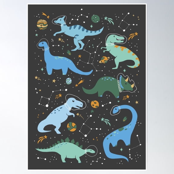 Space Dinosaurs In Blue Poster Wall Art, Modern Wall Decor, 12x18 UNFRAMED