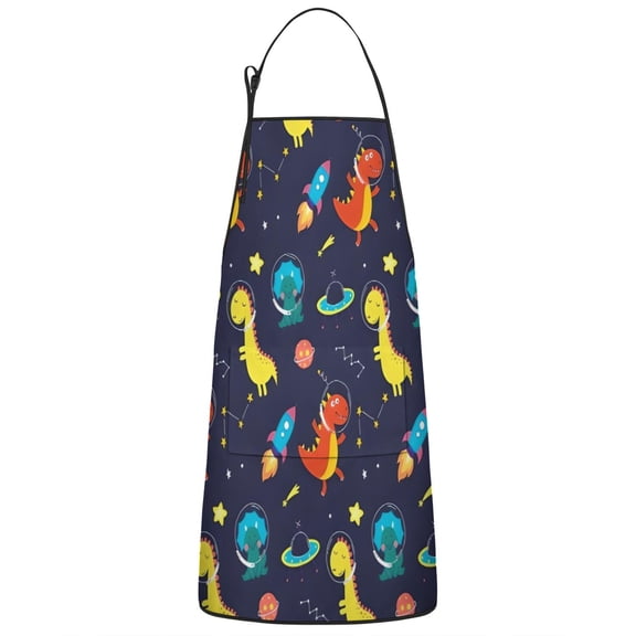 Space Dinosaurs Rockets Pattern Apron-Garden Aprons for Women with Pockets-Cotton Linen Waterproof Kitchen Cooking Gardening Aprons Adjustable for Kitchen,Cooking,BBQ and Salon 33x27 Inch