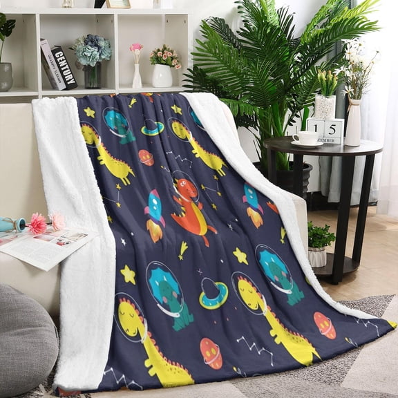 Space Dinosaurs Rockets Pattern Blanket,Comfortable Soft Flannel Throw Blanket,All Season,Warm Lightweight Blankets for Sofa Bed Couch Living Room Chair,60"x80"