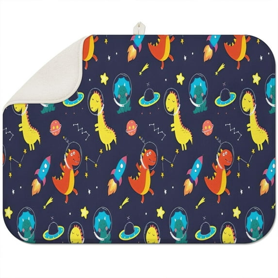 Space Dinosaurs Rockets Pattern Dish Drying Mat for Kitchen 1 Pack, Ultra Absorbent Microfiber Dishes Drainer Mats,18"x24"