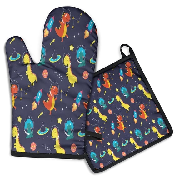 Space Dinosaurs Rockets Pattern Kitchen Oven Mitt and Pot Holder Sets 2 Pcs for Baking, Cooking and Grilling, Heat Resistant Up To 392 °F